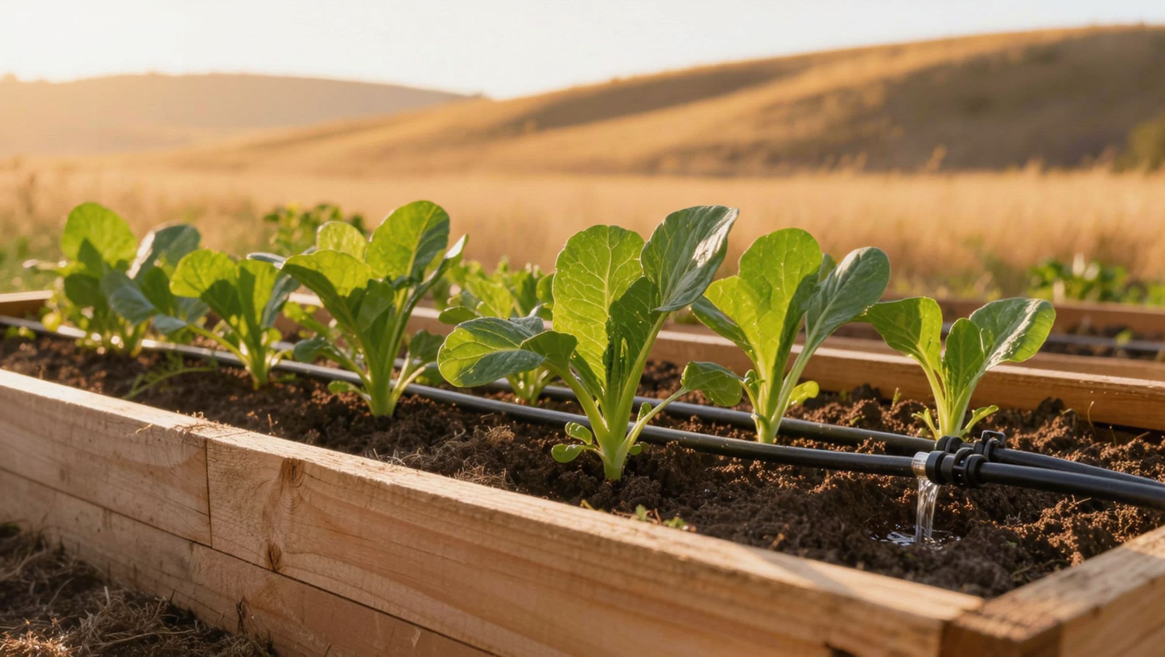 Raised cedar garden beds with young vegetable rows