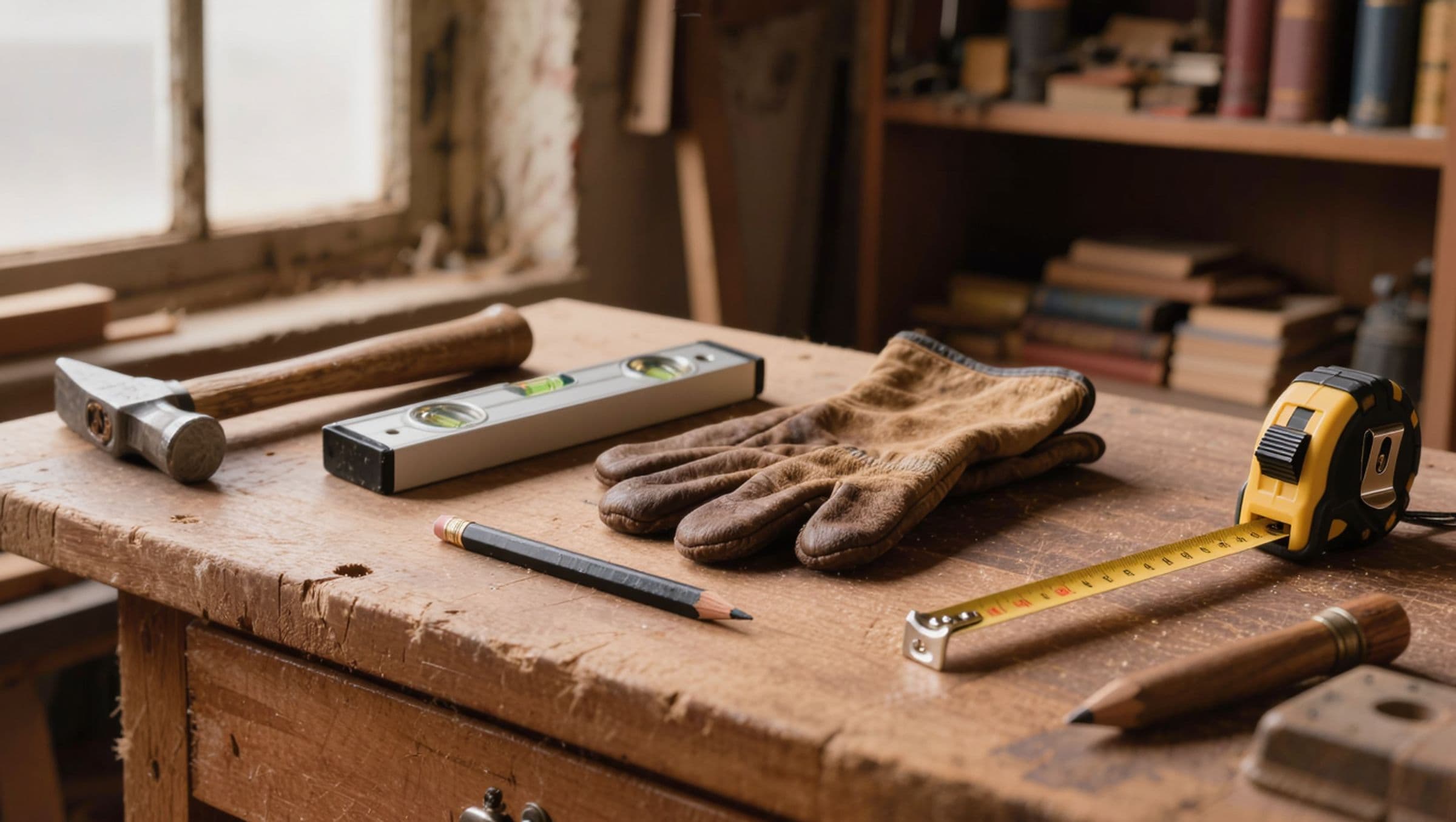Well-used hand tools laid neatly on a wooden workbench